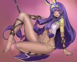 1girl animal_ears bangs barefoot belt black_nails bracelet breasts earrings egyptian_clothes eyeliner facial_mark fate/grand_order fate_(series) hairband highres holding jackal_ears jewelry long_hair looking_at_viewer makeup navel nitocris_(fate/grand_order) open_mouth pinkjoe purple_hair sidelocks sitting solo teeth very_long_hair violet_eyes 