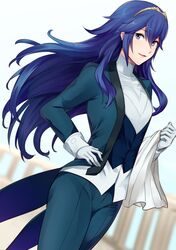  1girl ameno_(a_meno0) bangs blue_eyes blue_hair blue_jacket blue_pants blue_vest blurry blurry_background breasts butler commentary_request cowboy_shot eyebrows_visible_through_hair eyelashes female_butler fire_emblem fire_emblem_awakening formal gloves hair_between_eyes hand_on_hip jacket long_hair looking_at_viewer lucina lucina_(fire_emblem) pants parted_lips shiny shiny_hair shirt sidelocks small_breasts smile solo suit tailcoat tiara tuxedo vest white_gloves white_shirt 