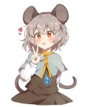  1girl :3 :p animal_ears arm_behind_back bangs black_skirt black_vest blush capelet caramell0501 commentary_request cowboy_shot eyebrows_visible_through_hair grey_capelet grey_hair hair_between_eyes hand_up heart highres jewelry long_sleeves looking_at_viewer mouse_ears mouse_tail nazrin partial_commentary pendant red_eyes shirt short_hair simple_background skirt skirt_set smile solo tail tongue tongue_out touhou vest w white_background white_shirt 