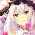  1girl bangs blue_eyes closed_mouth eyebrows_visible_through_hair fate/grand_order fate_(series) flower gloves hair_between_eyes hair_flower hair_ornament head_tilt holding holding_flower looking_at_viewer marie_antoinette_(fate/grand_order) pink_flower pink_rose portrait purple_flower purple_rose riako rose silver_hair smile solo white_gloves 