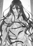  1girl asymmetrical_clothes curly_hair detached_sleeves floating_hair frown greyscale hair_between_eyes hand_on_hip highres last_embryo long_hair long_sleeves looking_at_viewer momoko_(momopoco) monochrome novel_illustration official_art solo standing very_long_hair wide_sleeves 