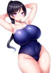  1girl armpits arms_up bangs black_hair blue_swimsuit breasts character_request copyright_request covered_navel cowboy_shot eyebrows_visible_through_hair hair_tie_in_mouth highres huge_breasts long_hair mouth_hold one-piece_swimsuit ponytail simple_background solo standing swimsuit tsukumiya_amane violet_eyes white_background wide_hips 