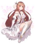  1girl artist_name asuna_(sao) bangs bare_shoulders blush breasts brown_eyes brown_hair commentary_request dress gloves harukagi long_hair long_sleeves looking_at_viewer smile solo sword_art_online thigh-highs white_dress white_gloves white_legwear 