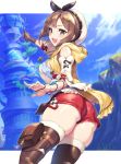  1girl :d ass atelier_(series) atelier_ryza bare_shoulders black_hairband brown_eyes brown_gloves brown_hair gloves gomashio_ponz hairband highres hooded_vest index_finger_raised jewelry leather leather_belt leather_gloves necklace open_mouth pointing red_shorts reisalin_stout short_hair short_shorts shorts skindentation smile star star_necklace thigh-highs thigh_pouch thighs vest white_headwear white_legwear yellow_vest 