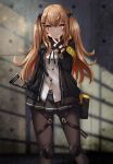  1girl bangs black_legwear blush brown_eyes brown_hair eyebrows_visible_through_hair fingerless_gloves girls_frontline gloves hair_ornament hairclip highres jacket knee_pads long_hair looking_at_viewer midriff_peek pantyhose scar scar_across_eye shirt skirt sokosoko_fuan standing thigh_strap twintails ump9_(girls_frontline) v white_shirt yellow_pupils 