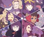 1boy 5girls :d ^_^ acerola_(pokemon) blue_eyes bob_cut brown_hair chandelure child closed_eyes creature dusclops elite_four evil_grin evil_smile face fire flame flower fuyou_(pokemon) gen_1_pokemon gen_3_pokemon gen_4_pokemon gen_5_pokemon gen_7_pokemon gengar ghost glasses grin gym_leader hair_flower hair_ornament haunter holding holding_notebook holding_pencil kikuko_(pokemon) long_hair looking_at_viewer looking_to_the_side matsuba_(pokemon) melissa_(pokemon) mimikyu mismagius multiple_girls notebook old_woman open_mouth pencil pokemon pokemon_(creature) pokemon_(game) pokemon_bw pokemon_dppt pokemon_frlg pokemon_hgss pokemon_rse pokemon_sm purple_eyes purple_hair purple_scarf scarf shikimi_(pokemon) short_hair signature smile ssalbulre star tied_hair tongue tongue_out trial_captain wrinkles 