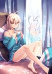  1girl ahoge aqua_shirt bangs bare_shoulders barefoot black_bow blonde_hair bow breasts closed_mouth coffee coffee_mug cup curtains fate/grand_order fate_(series) feet gogatsu_fukuin hair_between_eyes hair_bow half_updo highres koha-ace legs long_sleeves looking_at_viewer medium_breasts mug off_shoulder okita_souji_(fate) okita_souji_(fate)_(all) pillow shirt short_hair sitting smile snowflake_print solo white_camisole window yellow_eyes 