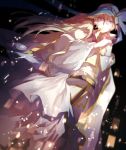  absurdres aria_(maplestory) black_background blue_headwear cape couple from_below highres hug long_hair maplestory phantom_(maplestory) silver_hair smile white_cape 