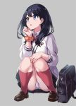  1girl bag black_hair black_skirt blue_eyes blush bow bowtie chestnut_mouth grey_background kneehighs long_hair mutsumi_masato panties pantyshot pantyshot_(squatting) red_legwear school_bag school_uniform scrunchie skirt snowflakes solo squatting ssss.gridman takarada_rikka underwear wrist_scrunchie 