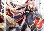  1girl absurdres asymmetrical_sleeves bangs blonde_hair blush bow breasts c.reo cape detached_collar earrings ereshkigal_(fate/grand_order) fate/grand_order fate_(series) gold_trim hair_bow highres holding holding_sword holding_weapon huge_filesize jewelry long_hair looking_at_viewer medium_breasts parted_bangs red_bow red_cape red_eyes single_sleeve skull solo sword thigh-highs tiara two_side_up weapon 
