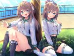  2girls :d asa_no_ha black_footwear black_legwear blue_eyes brown_hair day grass green_skirt hair_ornament hair_up hairclip hand_up highres knees_up long_sleeves looking_at_viewer mizuna_shiro mizuna_yume multiple_girls navel official_art open_mouth outdoors plaid plaid_skirt school_uniform siblings sisters sitting skirt smile socks thigh-highs wariza white_legwear 