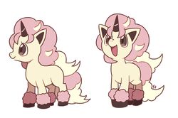  :d galarian_ponyta gen_1_pokemon horn multiple_views no_humans open_mouth pink_hair pokemon ponyta signature simple_background smile ssalbulre unicorn white_background 