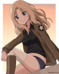  1girl absurdres arm_on_knee arm_support black_footwear black_shirt blonde_hair blue_eyes blue_shorts boots brown_jacket closed_mouth commentary dated denim denim_shorts duke_(kimurasun) dusk dutch_angle emblem girls_und_panzer hair_intakes highres jacket kay_(girls_und_panzer) leaning_back leg_up long_hair long_sleeves looking_at_viewer military military_uniform open_clothes open_jacket orange_background orange_sky outdoors outside_border saunders_military_uniform shirt short_shorts shorts sitting sky smile solo star thigh-highs twitter_username uniform white_legwear 