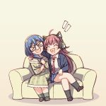  &gt;_&lt; 2girls :d ^_^ ahoge arm_around_shoulder asahi_rokka ayasaka bang_dream! bangs black-framed_eyewear black_footwear black_legwear blazer blue_jacket blue_skirt cat_ear_headphones chu2_(bang_dream!) closed_eyes commentary_request couch crossed_legs dress glasses green_legwear hair_ornament hair_scrunchie headphones jacket long_hair long_sleeves low-tied_long_hair miniskirt multiple_girls necktie open_mouth purple_scrunchie red_neckwear redhead scrunchie shirt shoes sitting skirt smile socks striped striped_neckwear tan_background white_shirt xd 