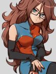  1girl android_21 black_nails blue_eyes breasts brown_hair checkered checkered_dress closed_mouth dragon_ball dragon_ball_fighterz dress earrings grey_background hair_between_eyes hoop_earrings jewelry kemachiku long_hair looking_at_viewer medium_breasts nail_polish simple_background solo 