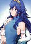  1girl ameno_(a_meno0) bangs blue_background blue_eyes blue_hair breasts commentary_request detached_sleeves eyelashes fire_emblem fire_emblem_awakening fur_trim gem gradient gradient_background hair_between_eyes long_hair looking_at_viewer lucina lucina_(fire_emblem) off_shoulder see-through_sleeves shiny shiny_hair sidelocks sleeveless small_breasts solo tiara upper_body white_background 
