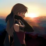  1girl a_(user_vtsy8742) bangle bare_shoulders belt black_gloves bloom blue_scarf blue_sky bracelet dawn dress elbow_gloves fire_emblem fire_emblem:_radiant_dawn gloves hair_ribbon half_updo hand_in_hair horizon jewelry long_hair looking_at_viewer looking_to_the_side micaiah_(fire_emblem) outdoors ribbon scarf silver_hair sky sleeveless sleeveless_dress smile solo sunlight sunrise yellow_eyes 