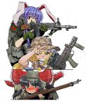  3girls ammunition_pouch animal_ears arisaka assault_rifle battle_rifle black_eyes black_hair blonde_hair blush bolt_action boonie_hat bow braid bullet_hole bullpup camouflage camouflage_hat commentary_request gloves gun hair_bow hair_tubes hakurei_reimu hat holding holding_weapon howa_type_64 kirisame_marisa l85 looking_at_viewer magazine_(weapon) military multiple_girls nakamura_3sou one_eye_closed pouch rabbit_ears red_eyes reisen_udongein_inaba rifle short_sleeves simple_background single_braid smile touhou trigger_discipline type_38_rifle v v-shaped_eyebrows violet_eyes weapon white_background yellow_eyes 