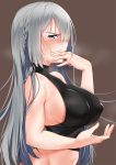  1girl ak-15_(girls_frontline) ass bangs bare_shoulders bishi_(bishi) blush bottomless braid breasts brown_background covered_nipples girls_frontline heavy_breathing highres long_hair looking_at_viewer navel silver_hair simple_background sleeveless solo violet_eyes 