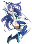  1girl bangs blue_eyes blue_hair blue_legwear boots commentary_request elbow_gloves floating full_body gloves greaves headgear highres holding holding_sword holding_weapon ikezawa_shin kazanari_tsubasa leotard long_hair looking_to_the_side magical_girl one_side_up parted_lips senki_zesshou_symphogear side_cutout simple_background solo sword thigh-highs thigh_boots very_long_hair weapon white_background white_gloves white_leotard 