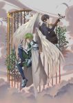  2boys angel angel_wings armor artist_request bird black_hair cage feathers full_armor green_hair highres metal multiple_boys renly_synthesis_twenty-seven short_hair sword_art_online sword_art_online_alicization wings 