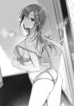  1girl bangs blurry blurry_background breasts copyright_request dimples_of_venus eyebrows_visible_through_hair floating_hair from_side greyscale hair_between_eyes hair_ornament highres indoors kakao long_hair looking_at_viewer medium_breasts monochrome noraneko_kanojo_o_edzukeshitai novel_illustration off_shoulder official_art shiny shiny_hair sideboob solo underwear underwear_only wooden_floor 