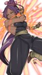  1girl bare_shoulders bleach breasts covered_navel dark_skin dated highres kuma_(jk0073) long_hair ponytail purple_hair shihouin_yoruichi shiny shiny_skin signature solo tight very_long_hair yellow_eyes 