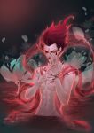  1boy bracelet cony_(comicsun) dark_background facial_mark flower forehead_mark hands_up jewelry long_hair looking_at_viewer male_focus navel ne_zha_(2019_movie) nezha nude petals red_eyes red_nails red_scarf redhead scarf see-through silk wading 
