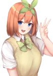  1girl :d bangs blue_eyes blush bow bowtie breasts collared_shirt commentary_request eyebrows_visible_through_hair go-toubun_no_hanayome green_bow green_hairband green_ribbon green_sweater hair_between_eyes hair_ribbon hairband highres john_zhang large_breasts looking_at_viewer mixed-language_commentary nakano_yotsuba open_mouth orange_hair plaid plaid_bow plaid_neckwear ribbon school_uniform shiny shiny_hair shirt short_hair short_sleeves simple_background smile solo sweater sweater_vest upper_body upper_teeth v white_background white_shirt 