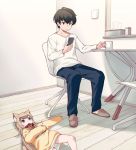 1boy 1girl 40hara animal_ear_fluff animal_ears bangs black_hair blonde_hair blunt_bangs cat_ears cat_girl cat_tail cellphone chair chestnut_mouth clothes_writing collar commentary_request cup eyebrows_visible_through_hair green_eyes indoors kinako kinako_(40hara) long_hair looking_at_another looking_at_phone lying mug on_back open_mouth original pet_collar phone red_collar shirt short_hair sitting slippers smartphone sweater table tail tissue_box white_shirt