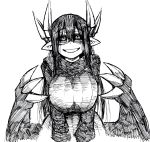  1girl black_hair black_sweater breasts demon_girl demon_horns demon_wings highres horns huge_breasts ink juugoya_(zyugoya) long_hair merii_(musuko_ga_kawaikute_shikatanai_mazoku_no_hahaoya) musuko_ga_kawaikute_shikatanai_mazoku_no_hahaoya pen_(medium) shading smile sweater wings 