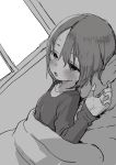  1girl absurdres bangs bed_sheet blush commentary_request dutch_angle eyebrows_visible_through_hair fever greyscale hair_between_eyes highres indoors long_sleeves lying monochrome nose_blush on_back open_mouth original pillow shirt sleeves_past_wrists solo sweat under_covers window yamamoto_souichirou 