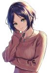  1girl bangs blue_hair brown_sweater collarbone hayami_kanade highres idolmaster idolmaster_cinderella_girls idolmaster_cinderella_girls_starlight_stage jewelry long_sleeves looking_at_viewer necklace parted_bangs parted_lips ribbed_sweater shiny shiny_hair short_hair simple_background smile solo su77sty sweater upper_body white_background yellow_eyes 