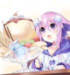  1girl bimmy blush d-pad d-pad_hair_ornament food hair_ornament highres holding holding_spoon long_hair looking_at_viewer neptune_(neptune_series) neptune_(series) open_mouth pudding purple_hair short_hair solo spoon violet_eyes 