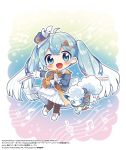  1girl :d alolan_vulpix aqua_eyes aqua_hair band_uniform bangs beamed_eighth_notes blush chibi clothed_pokemon commentary_request copyright crypton_future_media eighth_note epaulettes eyebrows_visible_through_hair french_horn fringe_trim gen_7_pokemon gloves gradient gradient_background gradient_hair hair_ornament hat hat_feather hatsune_miku holding holding_instrument horn_(instrument) instrument long_hair long_sleeves looking_at_viewer mini_hat mini_shako_cap mini_top_hat multicolored_hair musical_note musical_note_background musical_note_print nishida_yuu official_art open_mouth outstretched_arm pantyhose piapro pleated_skirt pokemon pokemon_(creature) sheet_music sidelocks skirt smile snowflake_background snowflake_print solo_focus top_hat twintails very_long_hair vocaloid white_footwear white_gloves white_skirt x_hair_ornament yuki_miku yuki_miku_(2020) 