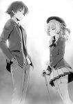  1boy 1girl ;) ayanokouji_kiyotaka bangs blazer bow bowtie closed_mouth collared_shirt dress_shirt eye_contact eyebrows_visible_through_hair frilled_skirt frills from_side garter_straps gradient gradient_background grey_background greyscale hair_bow hand_in_pocket hat highres holding jacket long_hair long_sleeves looking_at_another miniskirt monochrome necktie novel_illustration official_art one_eye_closed pants pleated_skirt sakayanagi_arisu school_uniform shirt skirt smile striped striped_bow thigh-highs tomose_shunsaku white_background wing_collar youkoso_jitsuryoku_shijou_shugi_no_kyoushitsu_e zettai_ryouiki 