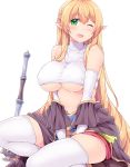  1girl bare_shoulders blonde_hair blush braid breasts cross detached_sleeves elbow_gloves elf flail gloves green_eyes hasu_(hk_works) large_breasts long_hair morning_star navel one_eye_closed original pointy_ears sleeveless solo thigh-highs turtleneck under_boob very_long_hair weapon 