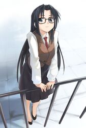  1girl bangs black_hair blue_eyes blush fence from_above full_body glasses highres light_smile long_hair long_sleeves looking_at_viewer looking_up necktie nohirune read_or_die red_neckwear shirt sidelocks solo yomiko_readman 