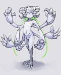  1girl child claws collarbone commentary_request covered_eyes extra_arms fewer_digits flat_chest full_body green_hair grey_background horns monster_girl no_nipples original oversized_forearms oversized_limbs popen05 solo white_skin 