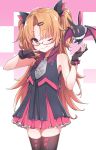  1girl akatsuki_yuni artist_name bangs bat black_gloves black_legwear blush bow dress eyebrows_visible_through_hair fang frilled_dress frills glasses glove_bow gloves hair_ornament hair_ribbon hairclip highres konnyaku_(kk-monmon) long_hair one_eye_closed orange_hair parted_bangs partly_fingerless_gloves red-framed_eyewear ribbon skin_fang sleeveless sleeveless_dress smile solo thigh-highs two-tone_background two_side_up uni_channel virtual_youtuber zipper zipper_pull_tab 