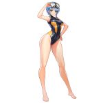  1girl armpits bangs barefoot blue_hair blush braid breasts contrapposto eyebrows_visible_through_hair goggles goggles_on_head grin hair_ornament hand_on_hip heart highres large_breasts last_origin long_legs looking_at_viewer official_art one-piece_swimsuit open_mouth sangobob short_hair_with_long_locks simple_background smile solo standing swimsuit symbol-shaped_pupils tachi-e transparent_background triaina_(last_origin) twin_braids x_hair_ornament 
