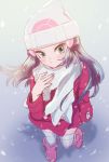  1girl beanie black_hair boots brown_eyes eyelashes hair_ornament hat highres long_hair long_sleeves minapo pink_footwear platinum_berlitz pokemon pokemon_special signature snow snowing solo standing thigh-highs white_headwear white_legwear winter_clothes 