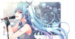  1girl :d bangs bare_shoulders black_gloves blue_eyes blue_hair blue_neckwear blurry blurry_background blush breasts collared_shirt commentary depth_of_field eyebrows_visible_through_hair fingerless_gloves floating_hair gloves green_nails grey_shirt hair_between_eyes hair_ornament hatsune_miku kuroi_(liar-player) long_hair nail_polish necktie open_mouth shirt sleeveless sleeveless_shirt small_breasts smile solo symbol_commentary twintails upper_body very_long_hair vocaloid 