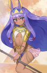  1girl absurdres animal_ears bangs belly_chain blush breasts closed_mouth dark_skin earrings egyptian egyptian_clothes facepaint facial_mark fate/grand_order fate_(series) hair_tubes hairband highres hoop_earrings jackal_ears jewelry long_hair looking_at_viewer low-tied_long_hair navel nitocris_(fate/grand_order) pauldrons purple_hair seojinhui sidelocks small_breasts smile solo staff thighs usekh_collar violet_eyes 