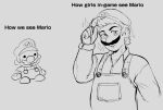  1boy chibi clothes_writing facial_hair gloves hat hat_tip highres looking_at_viewer mario monochrome mustache nintendo omega_haunter open_mouth overalls shirt sparkle super_mario_bros. 