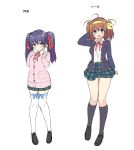  2girls :d ahoge asa_no_ha black_footwear blue_eyes blue_legwear blush brown_hair flower green_skirt hair_flower hair_ornament hair_ribbon hands_up highres jacket knees_together_feet_apart long_sleeves medium_hair multiple_girls open_mouth pink_jacket plaid plaid_skirt purple_hair red_ribbon ribbon school_uniform sketch skirt smile standing thigh-highs twintails white_legwear yellow_headband 