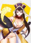  1girl aym bead_necklace beads bikini bikini_under_clothes black_hair breasts cooking earrings fate/grand_order fate_(series) food fried_rice hair_rings hat hoop_earrings jewelry ladle long_hair navel necklace signature sparkle swimsuit violet_eyes wok xuanzang_(fate/grand_order) 