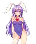  1girl animal_ears arm_behind_back bangs bare_arms bare_shoulders blush bow bowtie breasts bunnysuit collarbone commentary_request contrapposto cowboy_shot detached_collar erina_(rabi-ribi) eyebrows_visible_through_hair hair_between_eyes hand_on_own_thigh highres korean_commentary kosobin large_breasts leotard long_hair looking_at_viewer purple_hair purple_leotard rabbit_ears rabi-ribi red_neckwear simple_background single_thighhigh solo thigh-highs very_long_hair violet_eyes white_background white_legwear wrist_cuffs 