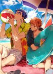  2boys abs ball beach beachball black_hoodie blue_hair brown_eyes brown_hair clouds cu_chulainn_(fate)_(all) cup drinking_glass earrings emiya_shirou fate/stay_night fate_(series) hair_strand hawaiian_shirt innertube jewelry lancer long_hair looking_at_another male_focus messy_hair mouth_hold multiple_boys navel outdoors palm_tree ponytail red_eyes sandals_removed shirt shorts sitting sky summer tatsuta_age thick_eyebrows tree tropical_drink white_shorts 