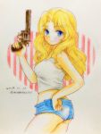  1girl ass blonde_hair blue_eyes blue_shorts closed_mouth colored_pencil_(medium) commentary cutoffs dated denim denim_shorts eyebrows_visible_through_hair from_side girls_und_panzer gun hair_intakes hand_on_hip handgun highres holding holding_gun holding_weapon kay_(girls_und_panzer) light_blush long_hair looking_at_viewer micro_shorts midriff q-bee_(aaru) revolver shirt shorts smile solo standing tank_top traditional_media trigger_discipline twitter_username weapon white_shirt 